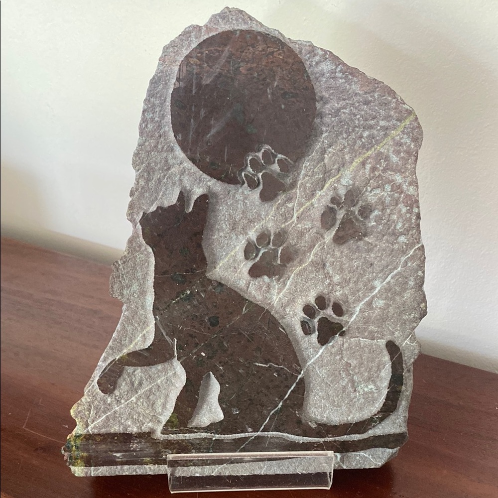 Hand Carved Cat and Moon Stone Sculpture